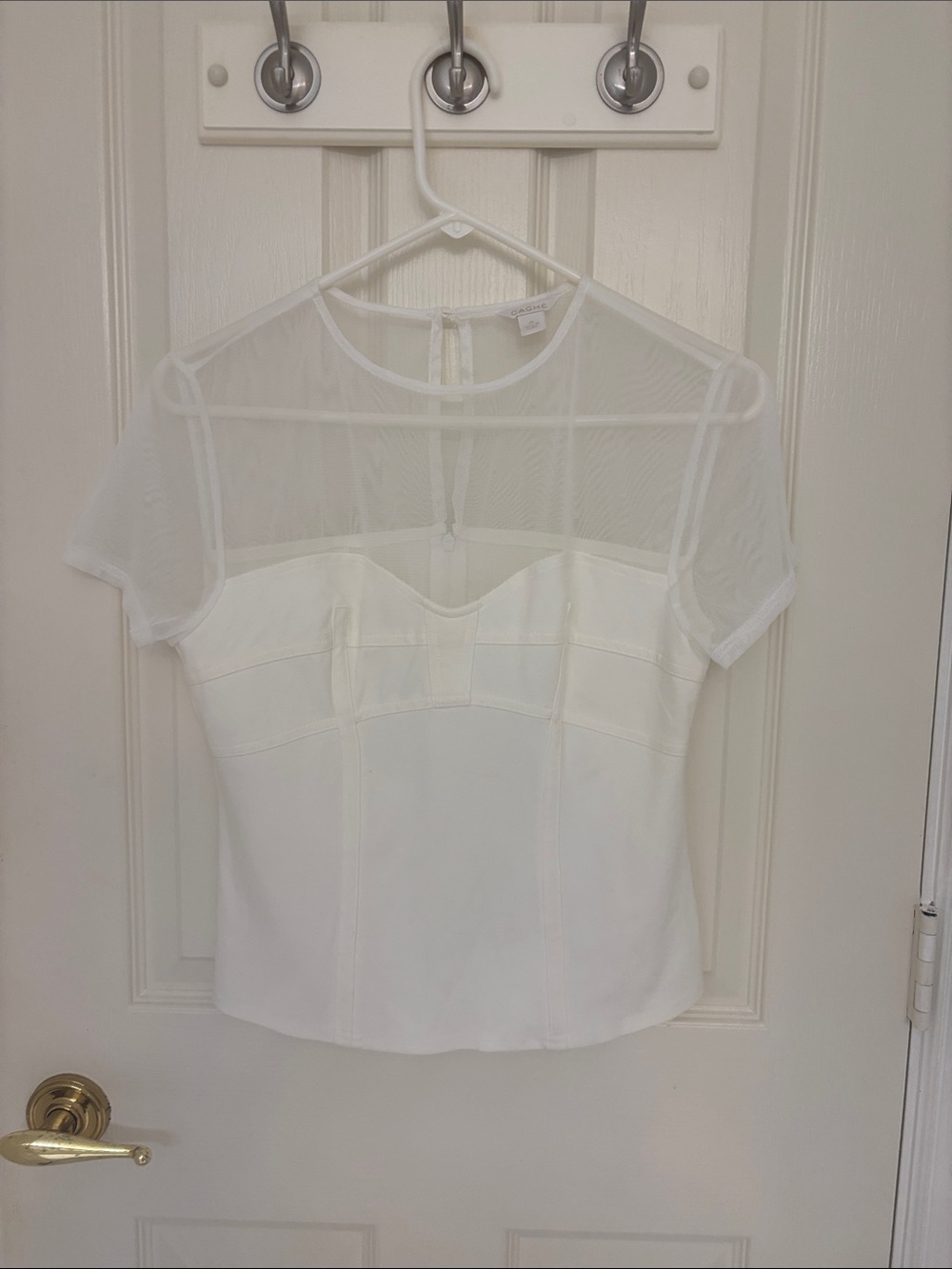 Cache White Short Sleeve Mesh Yoke Bustier Top